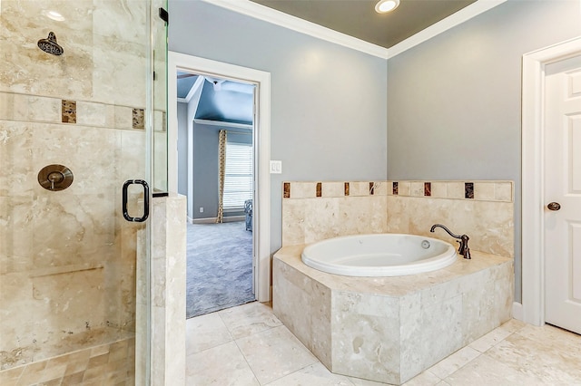 bathroom featuring crown molding and independent shower and bath