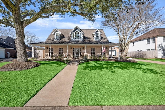 cape cod home with covered porch, fence, a front lawn, and brick siding