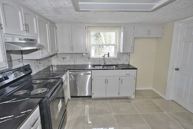 kitchen featuring sink, dishwasher, a textured ceiling, black range with electric cooktop, and white cabinets