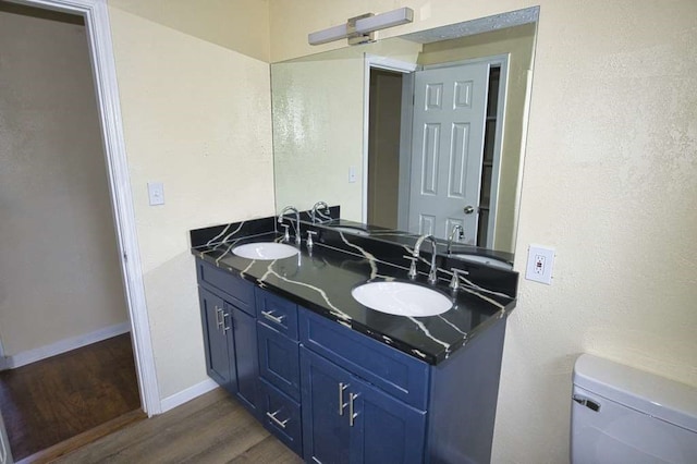 bathroom featuring toilet, vanity, and wood-type flooring