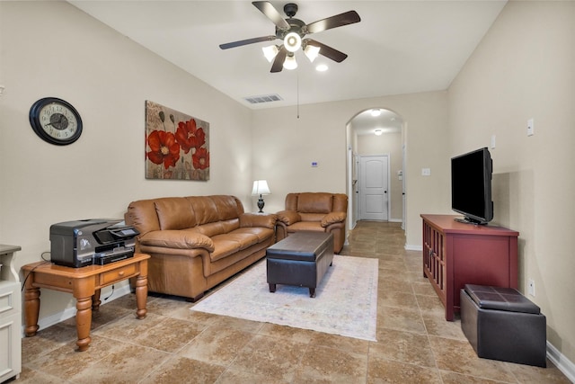 living room featuring ceiling fan