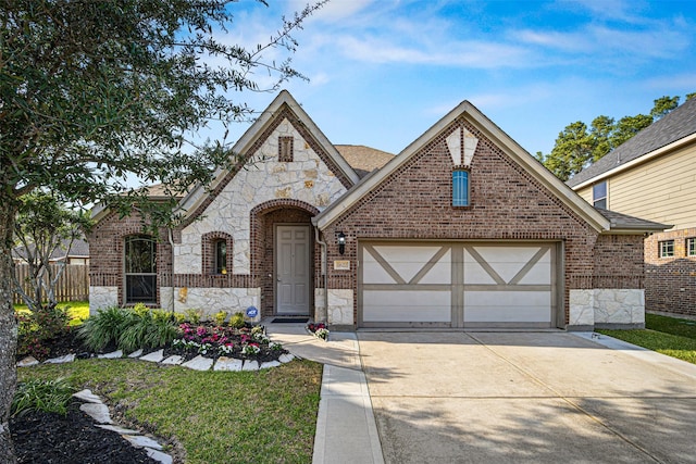 view of front facade featuring an attached garage, stone siding, brick siding, and concrete driveway