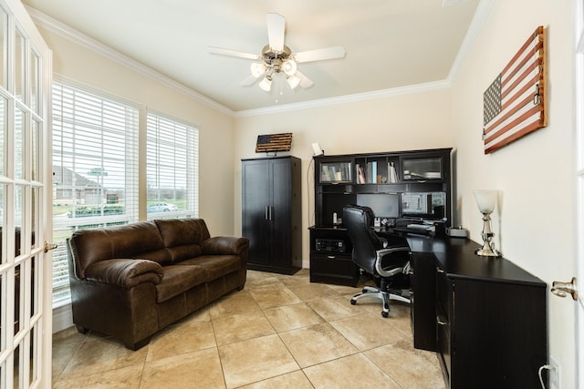 tiled home office with ceiling fan and ornamental molding