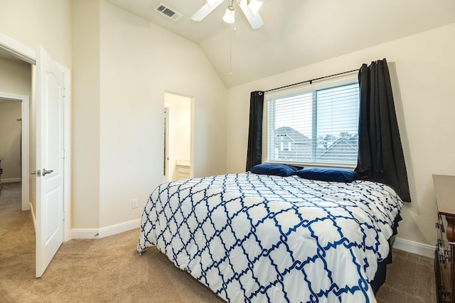 bedroom featuring ceiling fan, light colored carpet, and lofted ceiling