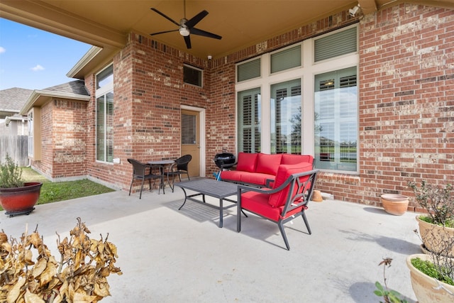 view of patio / terrace featuring ceiling fan and an outdoor hangout area