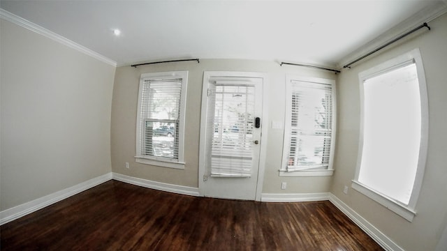 interior space with crown molding and dark hardwood / wood-style floors