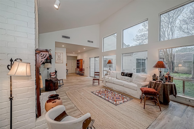 living room featuring high vaulted ceiling and light hardwood / wood-style floors