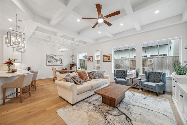 living area featuring recessed lighting, light wood-type flooring, coffered ceiling, beamed ceiling, and baseboards