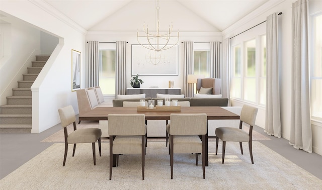 dining space featuring vaulted ceiling, ornamental molding, stairway, and an inviting chandelier