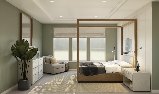 bedroom with crown molding, baseboards, and light colored carpet