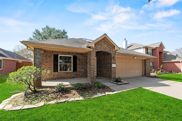 ranch-style house featuring a garage and a front yard