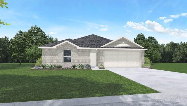 ranch-style house featuring a front yard and a garage