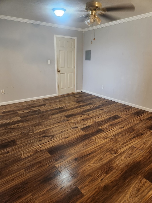 spare room with dark wood-style floors, crown molding, a ceiling fan, electric panel, and baseboards