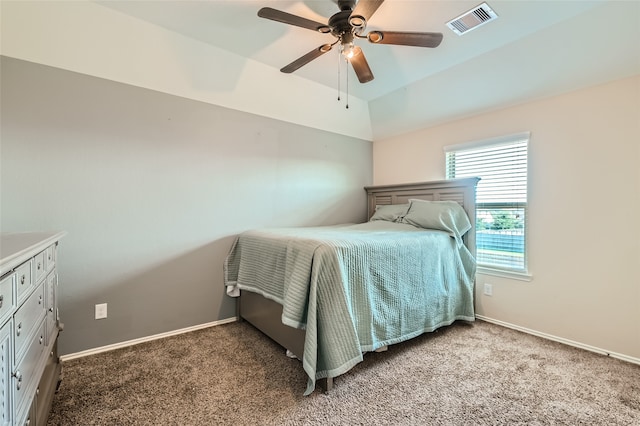 bedroom featuring carpet floors, visible vents, baseboards, and a ceiling fan