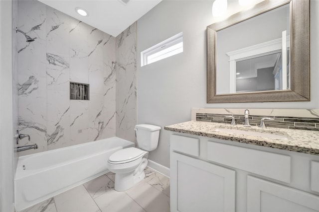 bathroom with baseboards, toilet, marble finish floor, vanity, and washtub / shower combination