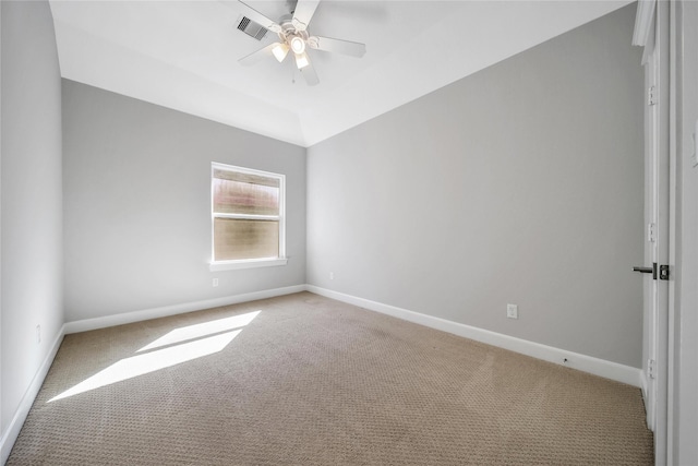 unfurnished room with light carpet, ceiling fan, visible vents, and baseboards