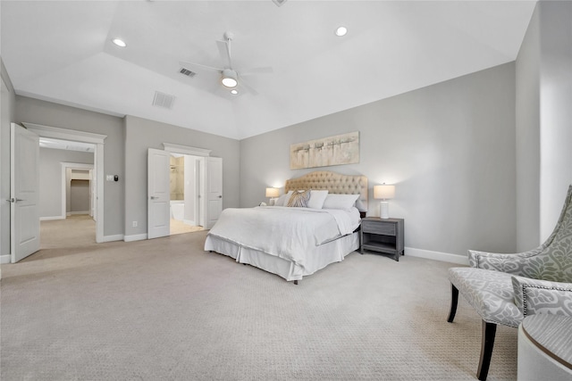 bedroom featuring lofted ceiling, recessed lighting, light colored carpet, visible vents, and baseboards