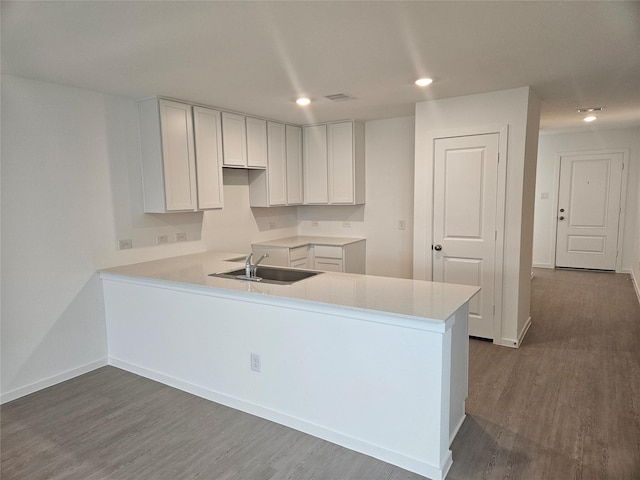 kitchen with white cabinetry, sink, dark hardwood / wood-style flooring, and kitchen peninsula