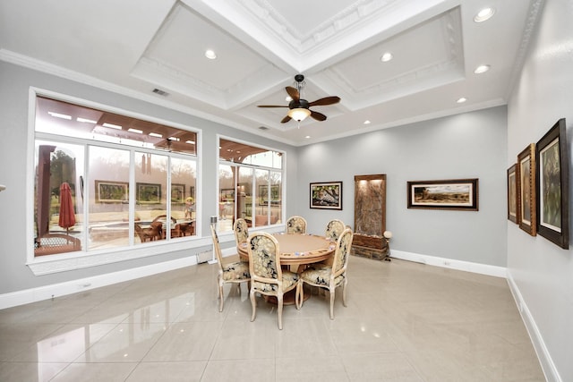 dining room featuring coffered ceiling, light tile patterned floors, ceiling fan, and ornamental molding