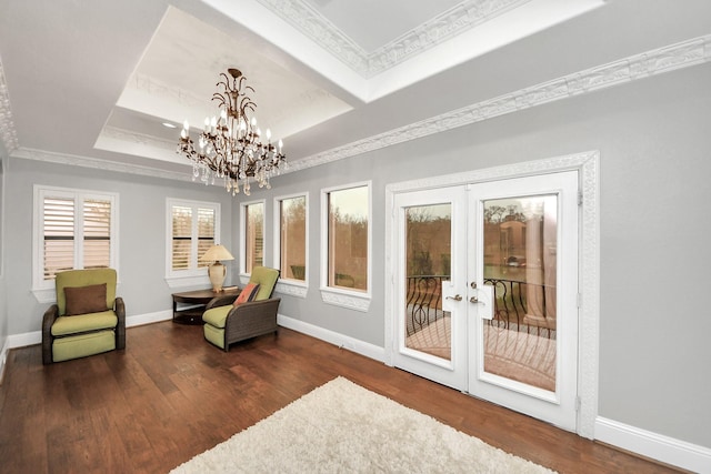 living area featuring a tray ceiling, plenty of natural light, and french doors