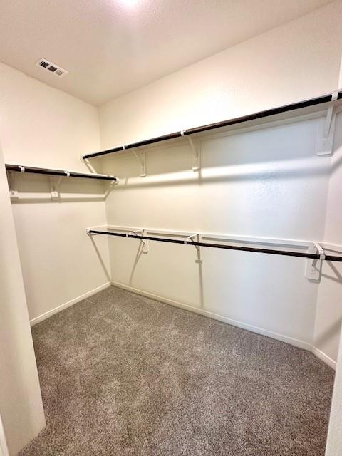 spacious closet featuring dark colored carpet