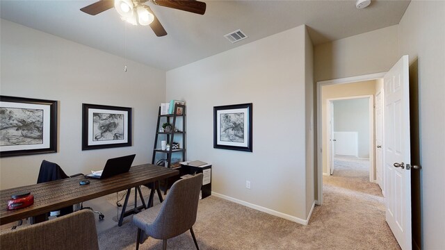 26356 Cooperstown Way, Splendora, TX 77372 - office space with baseboards, light colored carpet, visible vents, and ceiling fan