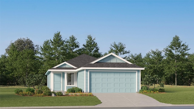 ranch-style home with concrete driveway, a front lawn, roof with shingles, and a garage