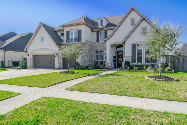 french country style house with a garage, stucco siding, stone siding, and a front yard