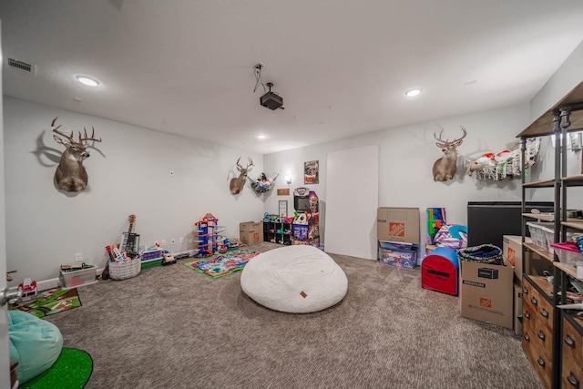 game room featuring carpet floors, recessed lighting, and visible vents