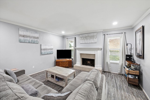 living area featuring crown molding, wood finished floors, baseboards, a premium fireplace, and recessed lighting