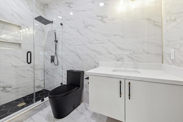 bathroom featuring tile walls, vanity, toilet, and walk in shower