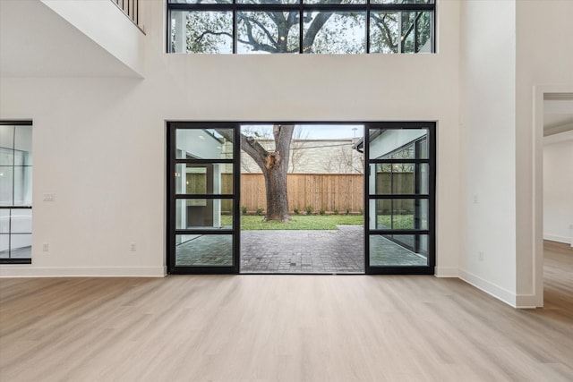 entryway with hardwood / wood-style floors and a high ceiling