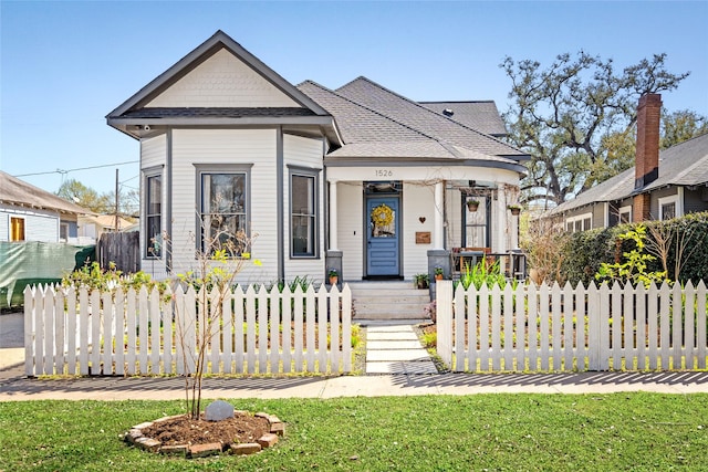 view of front of property with a fenced front yard and a shingled roof