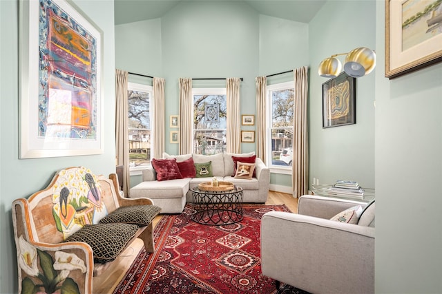 living area with wood finished floors and vaulted ceiling