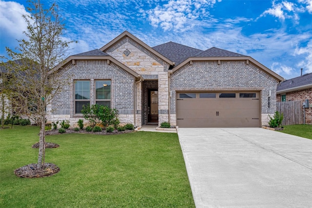 french country inspired facade with a garage, stone siding, driveway, and a front lawn