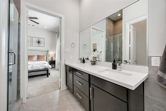 108 Knightsbridge Park Ln, Houston, TX 77018 - bathroom featuring ceiling fan, vanity, and walk in shower