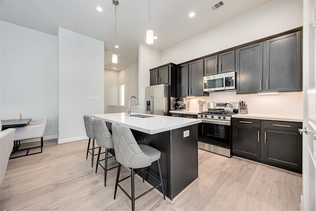 108 Knightsbridge Park Ln, Houston, TX 77018 - kitchen with a center island with sink, hanging light fixtures, stainless steel appliances, decorative backsplash, and sink