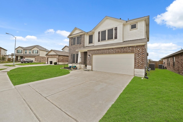 view of front of home featuring a front lawn, central AC unit, and brick siding