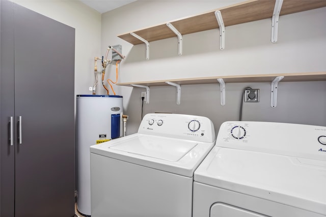 laundry room featuring washer and dryer, water heater, and laundry area