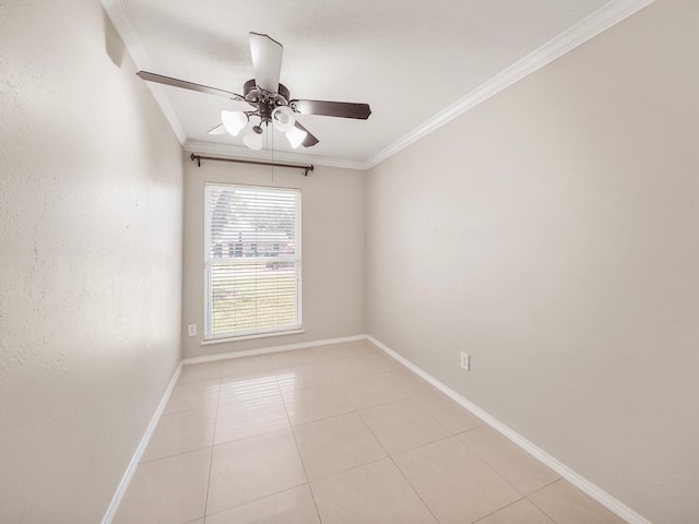 empty room with light tile patterned floors, ceiling fan, and ornamental molding