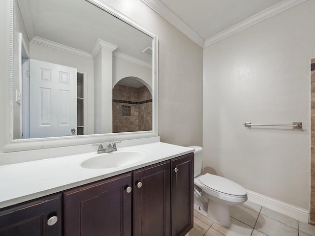 bathroom featuring a shower, tile patterned flooring, toilet, vanity, and crown molding