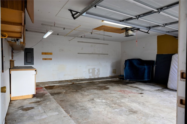 garage with electric panel and a garage door opener