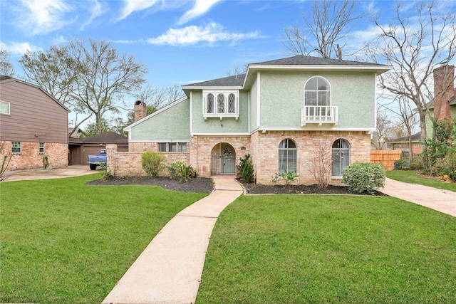 view of front of property featuring a front lawn, a chimney, brick siding, and stucco siding