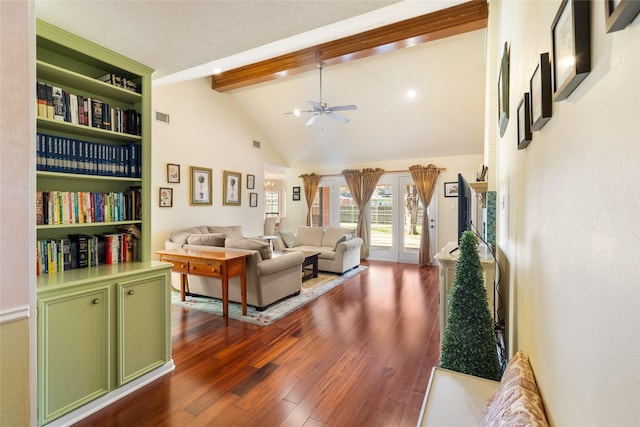 living room with dark wood-type flooring, high vaulted ceiling, ceiling fan, and beam ceiling