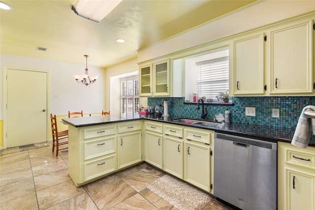 kitchen with kitchen peninsula, cream cabinets, sink, backsplash, and dishwasher