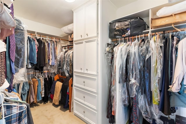 walk in closet featuring light colored carpet