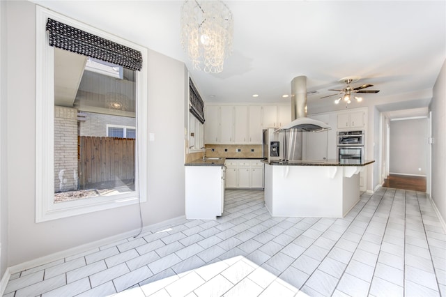 kitchen featuring light tile patterned floors, white cabinetry, a kitchen bar, and island range hood