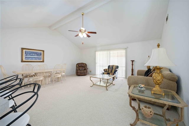 carpeted living room featuring vaulted ceiling with beams and ceiling fan