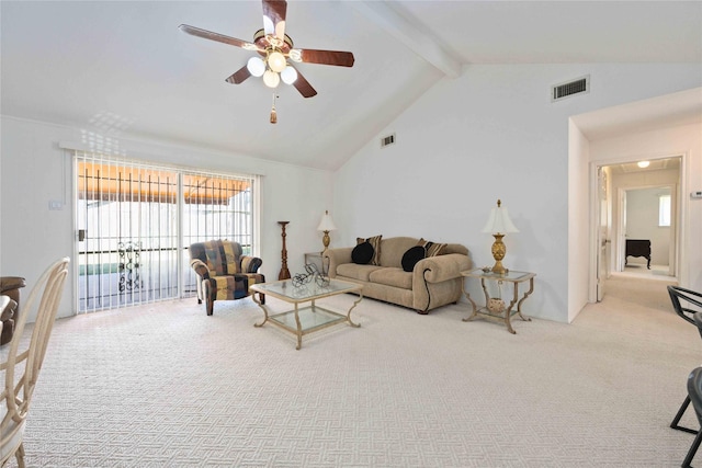 carpeted living room featuring high vaulted ceiling, beamed ceiling, and ceiling fan