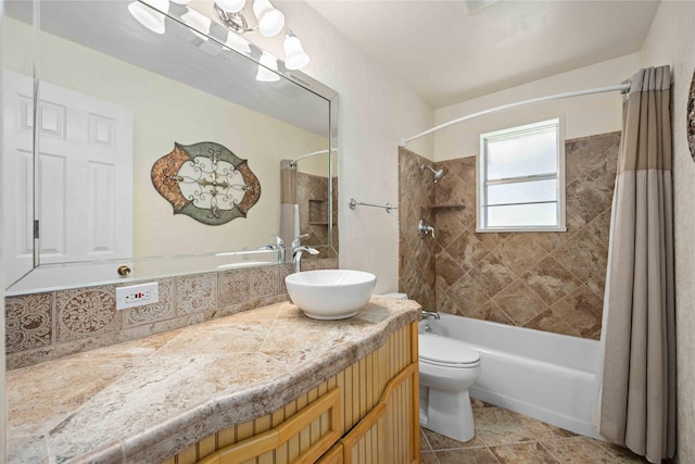 full bathroom with toilet, shower / bath combination with curtain, tile patterned flooring, and vanity